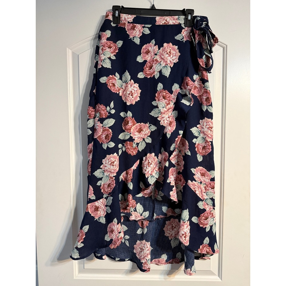 Studio 253 Floral High Low Wrap Skirt Medium Navy Pink Ruffle Cottagecore